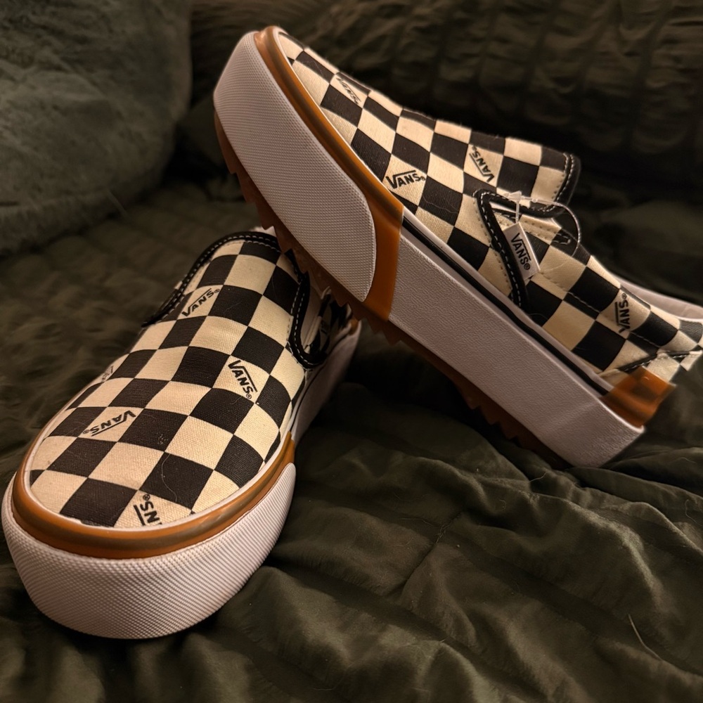 Vans checkered black and white stacked platform shoes